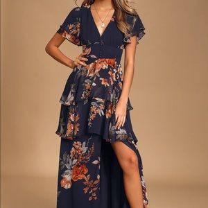 LULU’S Midnight Mood Navy Blue Floral Print Tiered Maxi Dress